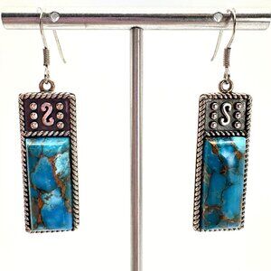 VTG Sterling Silver BBJ Turquoise Copper Fleck Rectangle Dangle Earrings 2" L